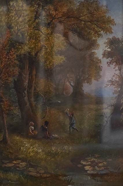 T Lawley (19th. C), oil on canvas, Woodland landscape with three figures beside a stream, signed, 29 x 19cm, ornate gilt framed. Condition - good